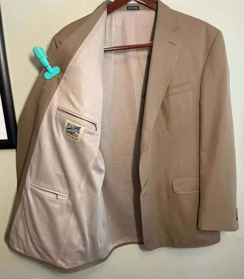 TravelSmith Mens Blazer Safari Sport Coat Tan Utility Commuter Jacket, Sz. 48L
